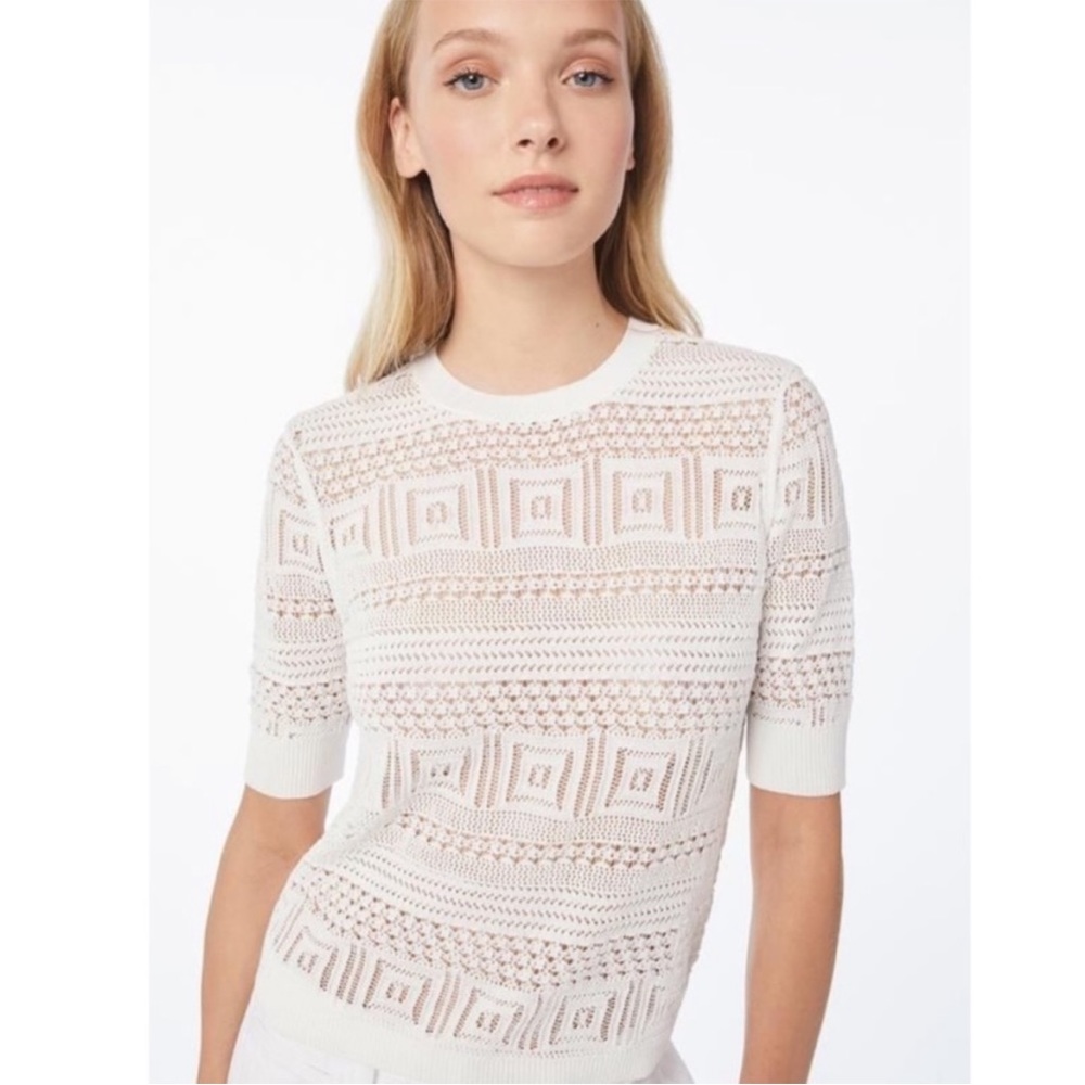 Frame Denim White Crochet Knit Short Sleeve Top